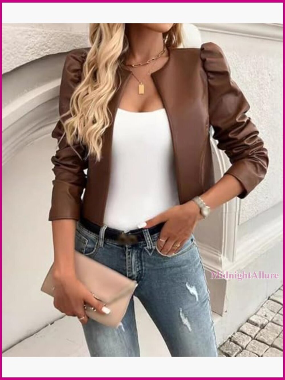Faux Leather Cropped Blazer Puff Sleeve Open Front Cardigan Jacket - Picture 4 of 5